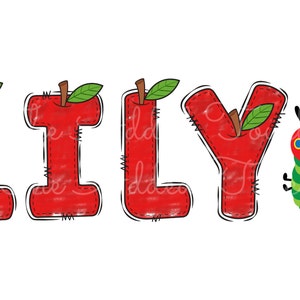May include: The name "LILY" is spelled out in red letters with green leaves and brown stems on top of each letter. A green and red caterpillar with black legs and blue eyes is to the right of the name.
