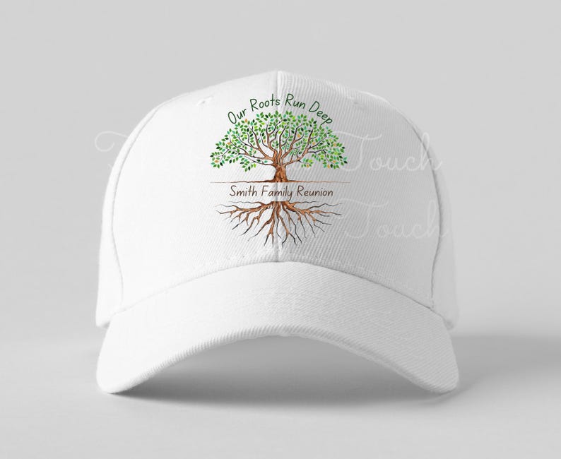 May include: White baseball cap with a green tree and brown roots design. The text "Our Roots Run Deep" is above the tree and "Smith Family Reunion" is below the roots.