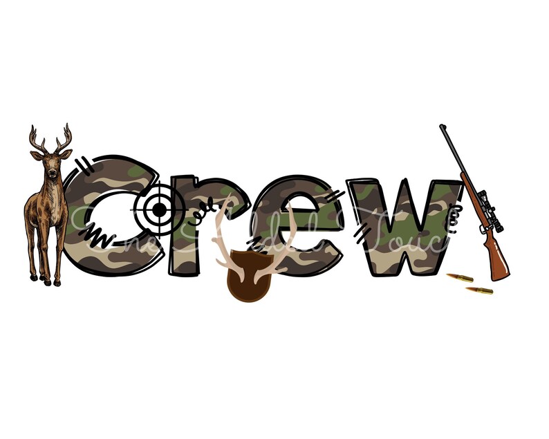 May include: A camouflage-patterned word "Crew" with a deer head, a rifle, and bullets. The deer head is brown with antlers. The rifle is brown with a scope. The bullets are gold.