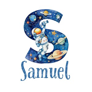 May include: A blue letter S with stars and planets, an astronaut holding a telescope, and the name Samuel written below.