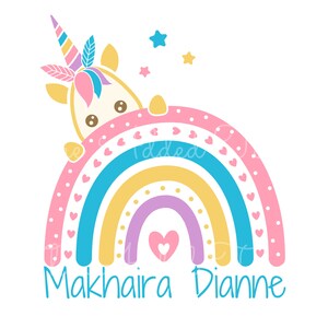 May include: A rainbow with a unicorn peeking out from behind it. The rainbow is made of pink, yellow, blue, and purple stripes. The unicorn is white with a pink horn and mane. The rainbow has white hearts and white dots on it. The text "Makhaira Dianne" is written below the rainbow.