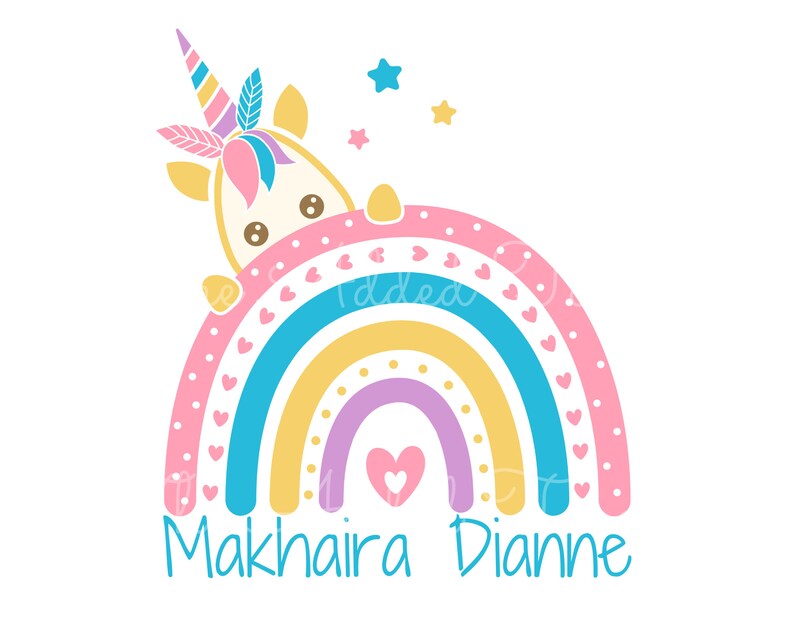 May include: A rainbow with a unicorn peeking out from behind it. The rainbow is made of pink, yellow, blue, and purple stripes. The unicorn is white with a pink horn and mane. The rainbow has white hearts and white dots on it. The text "Makhaira Dianne" is written below the rainbow.