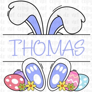 May include: A blue and white bunny ear design with the name "THOMAS" in blue text. The bunny ears have paw prints and are decorated with Easter eggs in pink, blue, and yellow.
