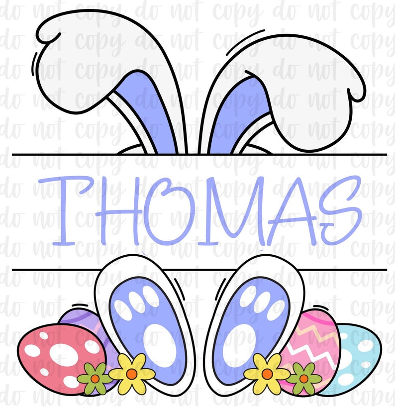 May include: A blue and white bunny ear design with the name "THOMAS" in blue text. The bunny ears have paw prints and are decorated with Easter eggs in pink, blue, and yellow.