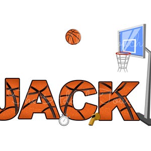 May include: Digital illustration of the name "JACK" in orange basketball-textured letters. The image includes a basketball, hoop, stopwatch, and whistle, set against a white background.