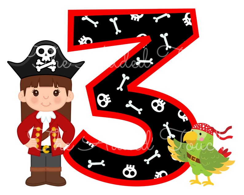 May include: A red number three with a black background and white skull and crossbones and bone patterns. A cartoon pirate girl with a black hat and red jacket stands to the left of the number. A green parrot with a red bandana stands to the right of the number.