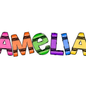 May include: The name Amelia is spelled out in colorful letters that look like crayons. Each letter is a different color, including pink, orange, green, purple, blue, and yellow.