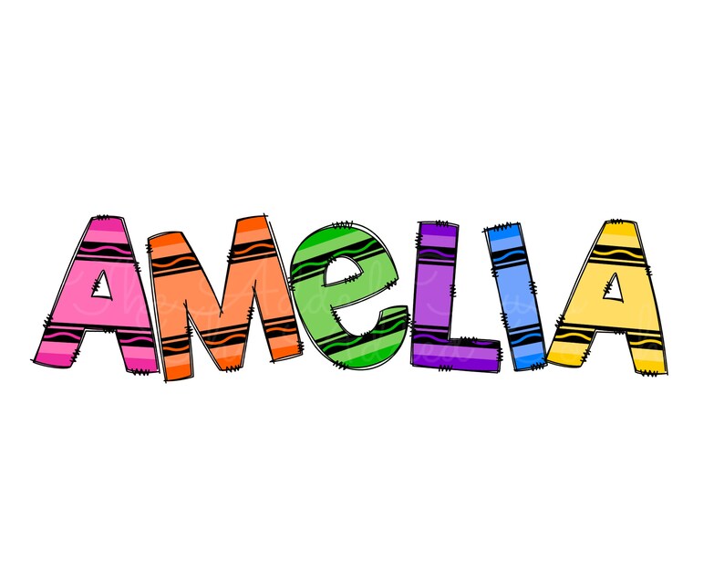 May include: The name Amelia is spelled out in colorful letters that look like crayons. Each letter is a different color, including pink, orange, green, purple, blue, and yellow.