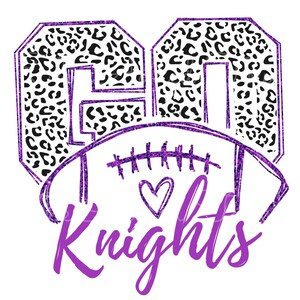 May include: Purple and white football design with the number 60 and the word "Knights" in a purple script font.
