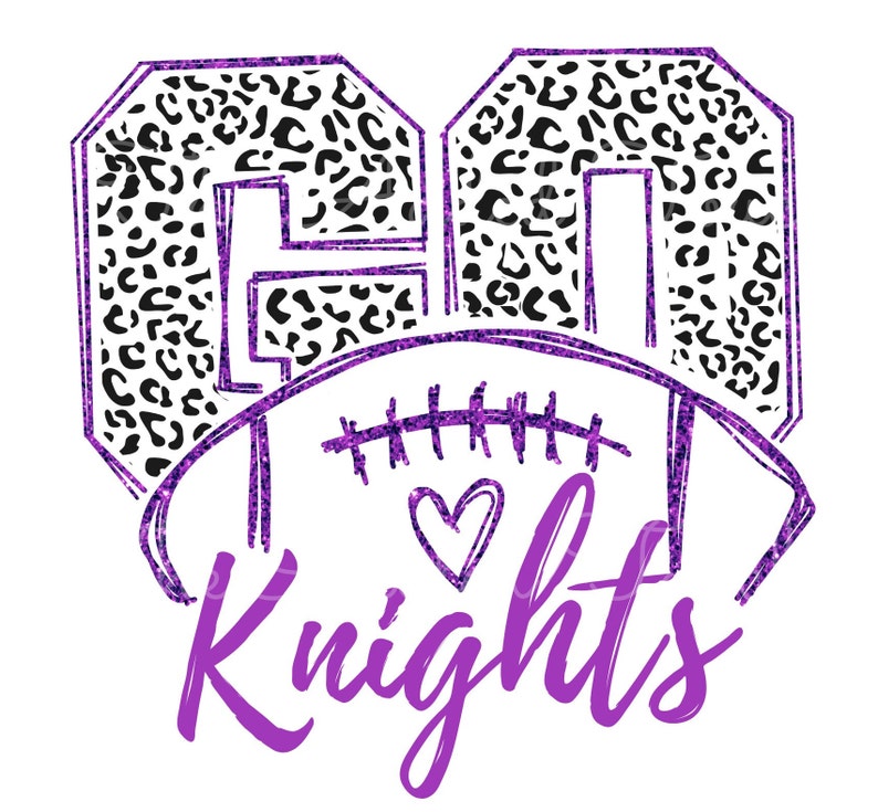 May include: Purple and white football design with the number 60 and the word "Knights" in a purple script font.