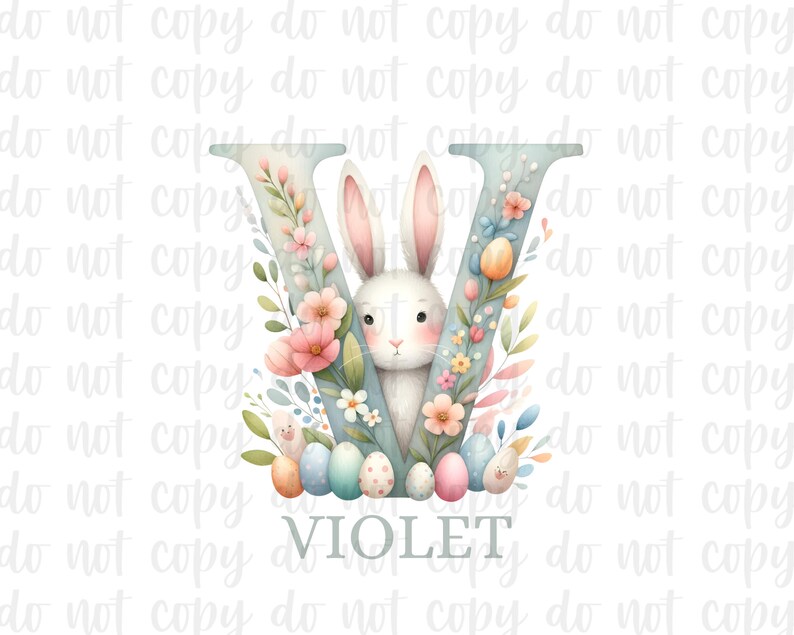 May include: A light blue letter V with a white bunny rabbit peeking out from behind it. The letter is decorated with pink and blue flowers and green leaves. There are colorful Easter eggs at the bottom of the letter and the name "VIOLET" is written below the eggs.