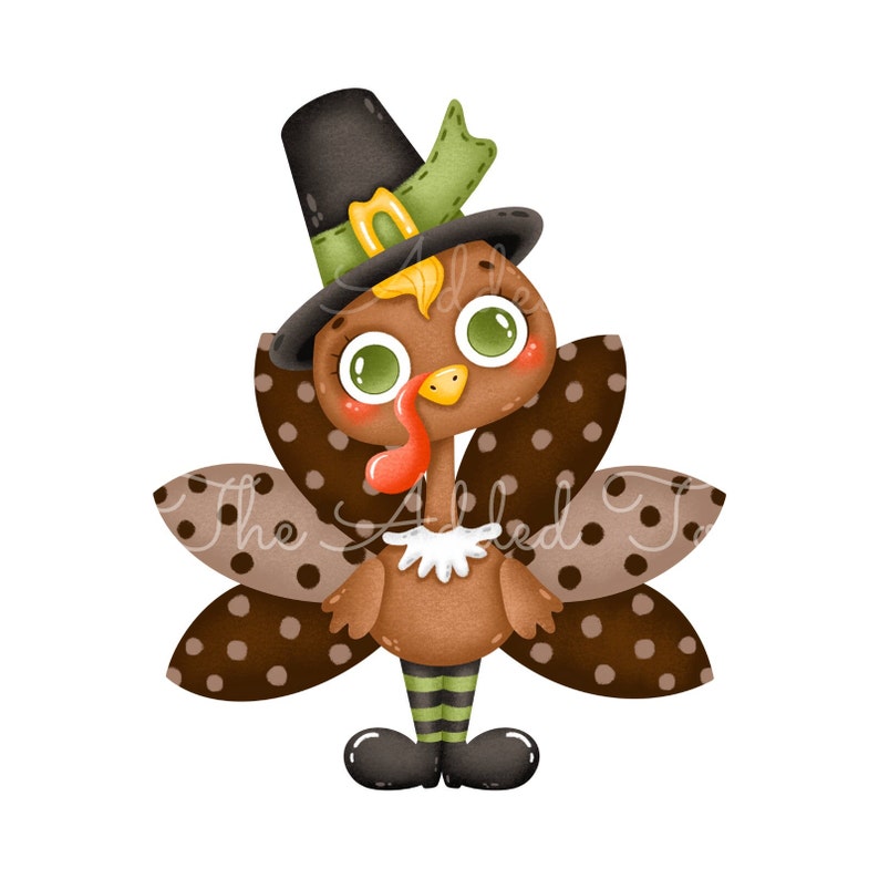 May include: A cartoon turkey illustration wearing a black pilgrim hat with a green band and a white collar. The turkey has brown feathers with brown polka dots, green eyes, and black and green striped legs. The turkey is smiling.