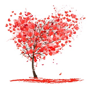May include: A red heart-shaped tree with red hearts for leaves. The tree is on a white background.