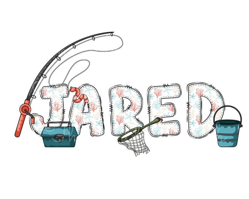 May include: The name "JARED" is spelled out in colourful letters with a fishing theme. The letters are decorated with a white background and a coral and starfish pattern. A fishing rod, tackle box, net, and bucket are included in the design.