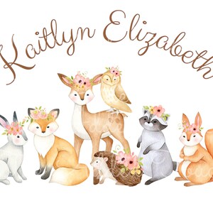 May include: Watercolor illustration featuring woodland animals: a rabbit, fox, deer, owl, hedgehog, raccoon, and squirrel, each adorned with floral crowns. The text "Kaitlyn Elizabeth" is arched above the animals in brown script, set against a white background.