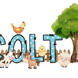 May include: A blue and white polka dot name banner spelling "COLT" with farm animal illustrations. A brown and white cow, a brown horse, a yellow chick, a white sheep, and a pink pig are included. A green tree and a brown wooden fence are in the background.