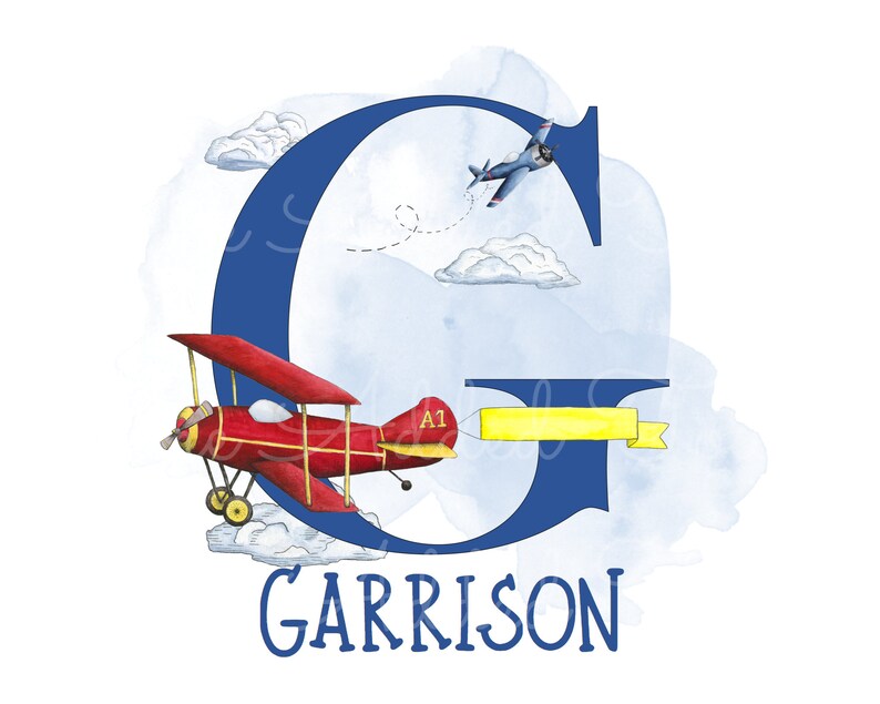 May include: A blue watercolor letter G with a red airplane flying around it. The airplane has a yellow banner that says "A1". The letter G is surrounded by white clouds. The name "GARRISON" is written below the letter.