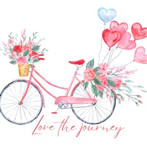 May include: A pink bicycle with a basket of pink and red flowers, decorated with pink and blue heart-shaped balloons. The bicycle has a white basket and the text "Love the journey" is written below the bicycle.