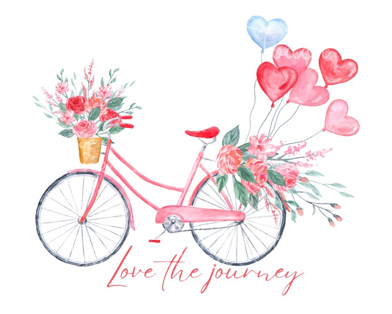 May include: A pink bicycle with a basket of pink and red flowers, decorated with pink and blue heart-shaped balloons. The bicycle has a white basket and the text "Love the journey" is written below the bicycle.