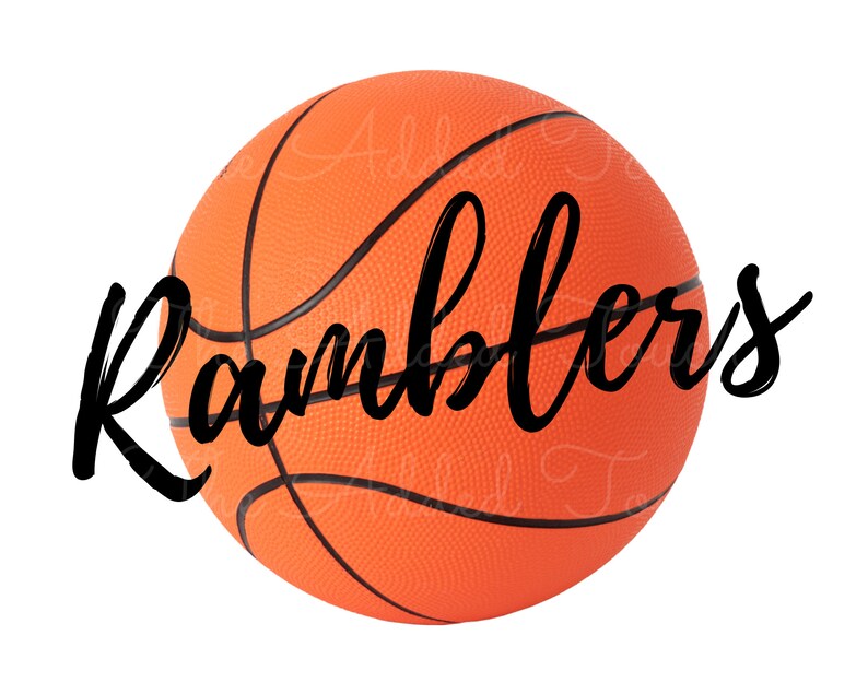 May include: An orange basketball with black lines and the word "Ramblers" written in black cursive across the ball.