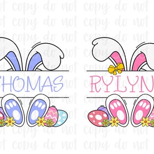May include: Two Easter bunny themed designs with personalized names. The first design features a blue bunny with the name "THOMAS" and the second design features a pink bunny with the name "RYLYNN".