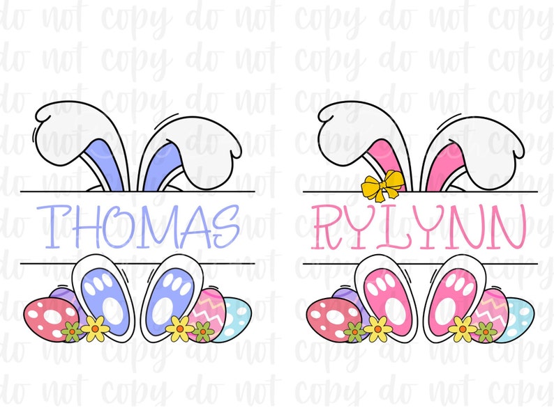May include: Two Easter bunny themed designs with personalized names. The first design features a blue bunny with the name "THOMAS" and the second design features a pink bunny with the name "RYLYNN".