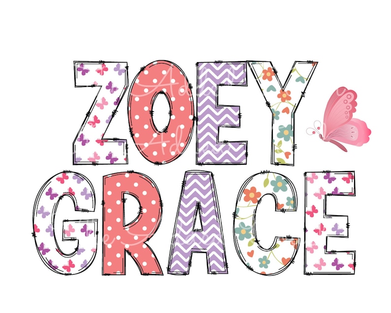 May include: A pink butterfly with black dots flies above the name "ZOEY GRACE" in colorful patterned letters. The letters are outlined in black and have different patterns, including polka dots, zigzags, and floral designs.