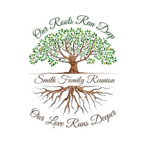 May include: A green tree with brown roots and the text "Our Roots Run Deep" above the tree and "Smith Family Reunion" below the tree. The text "Our Love Runs Deeper" is below the roots.