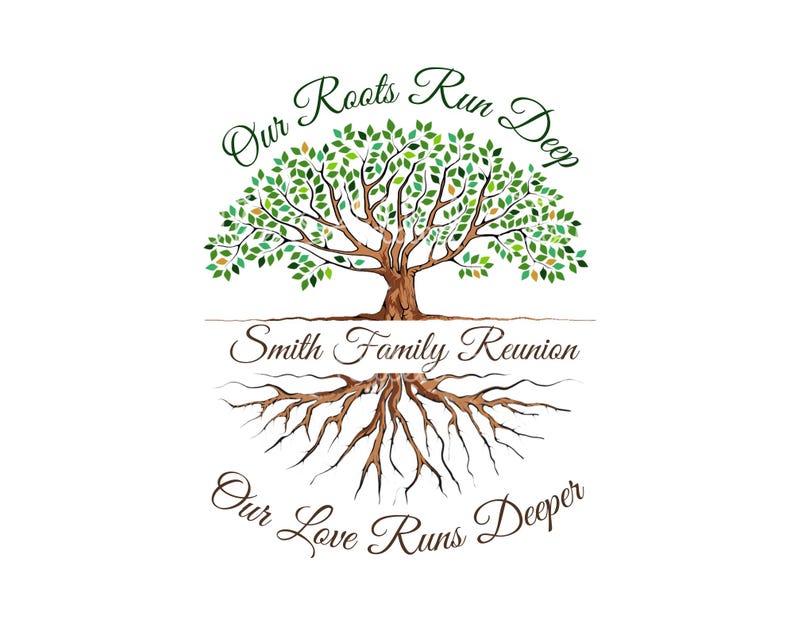May include: A green tree with brown roots and the text "Our Roots Run Deep" above the tree and "Smith Family Reunion" below the tree. The text "Our Love Runs Deeper" is below the roots.