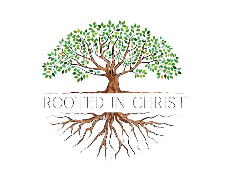 Peut inclure: Une illustration stylis&eacute;e d'un arbre avec des feuilles vertes et des branches brunes. L'arbre est enracin&eacute; dans le sol et les racines sont visibles. Le texte "Rooted in Christ" est &eacute;crit sous l'arbre.