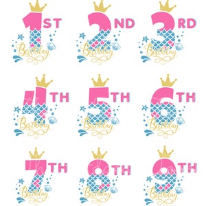 Pu&ograve; includere: Nove numeri rosa con un design a coda di sirena e una corona dorata in cima. Ogni numero ha la parola "Compleanno" scritta sotto. I numeri sono 1&deg;, 2&deg;, 3&deg;, 4&deg;, 5&deg;, 6&deg;, 7&deg;, 8&deg; e 9&deg;.