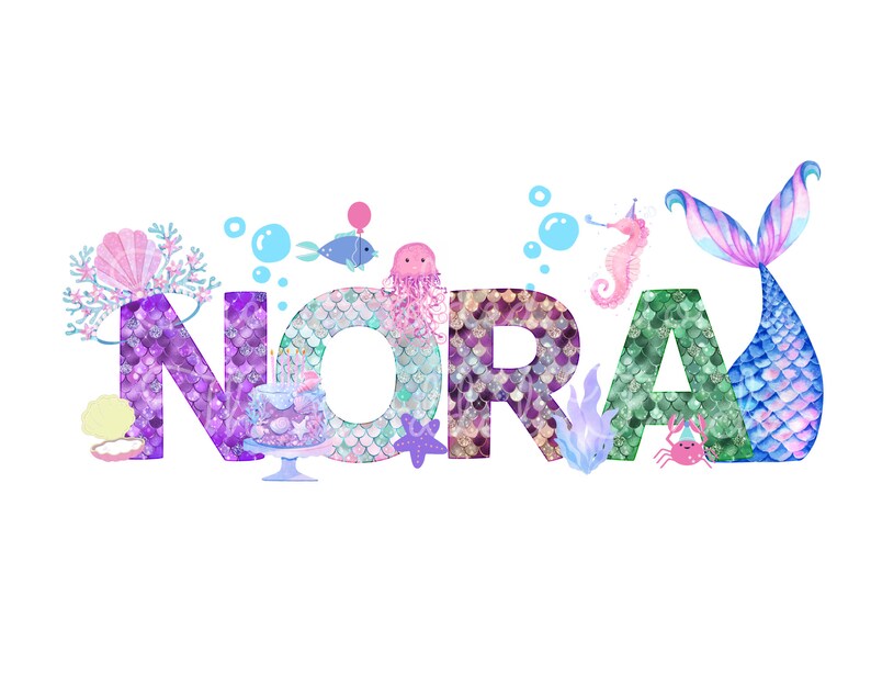 May include: The name "NORA" is spelled out in colorful letters with a mermaid tail, seahorse, starfish, crab, and other ocean-themed decorations.
