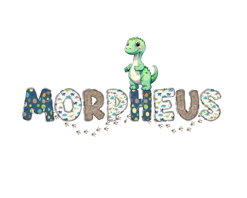 K&ouml;nnte beinhalten: Der Name "MORPHEUS" ist in bunten Stoffbuchstaben geschrieben, auf dem "S" steht ein gr&uuml;ner Dinosaurier. Die Buchstaben sind mit einem Dinosauriermuster verziert.