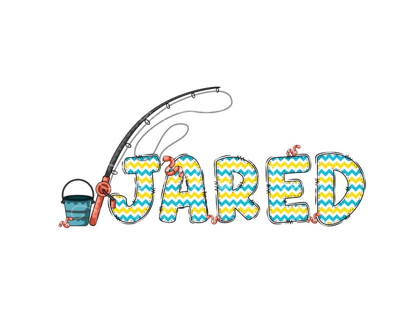 May include: The name JARED is spelled out in blue and yellow chevron patterned letters. A fishing rod and a bucket are to the left of the name.