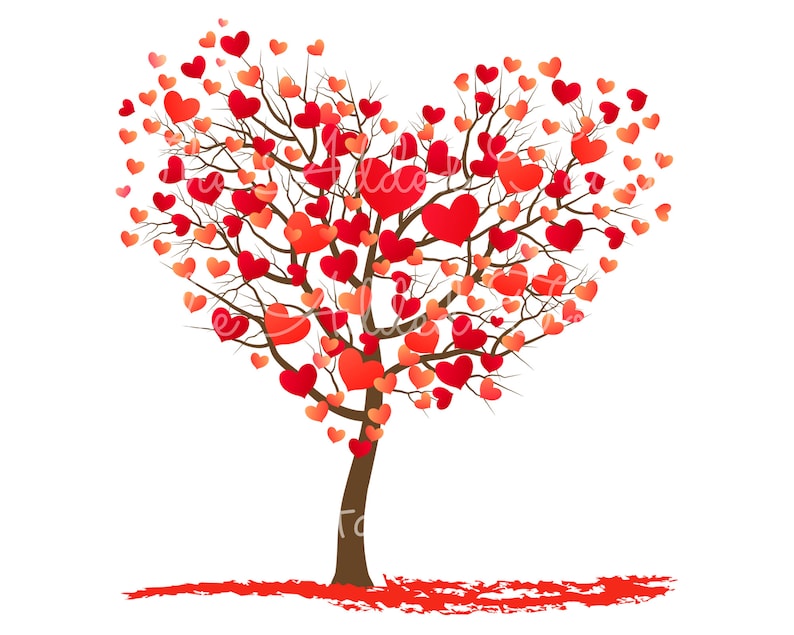 May include: A red heart-shaped tree with brown branches and red heart-shaped leaves. The tree is standing on a red ground.