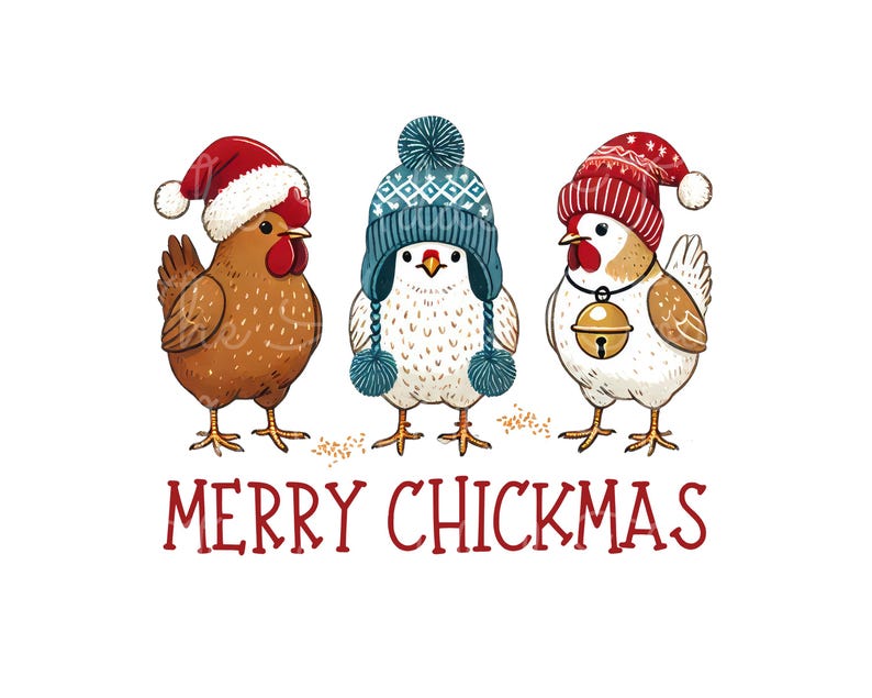 May include: A whimsical illustration features three chickens adorned in festive winter hats. One chicken wears a Santa hat, another a blue knit cap, and the third a red patterned hat with a bell. The phrase "MERRY CHICKMAS" is written below.