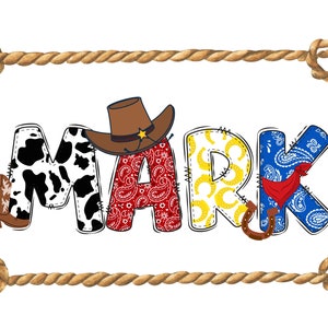 May include: The name "MARK" is spelled out in colorful fabric letters. Each letter is decorated with a different western-themed pattern, including cowhide, paisley, and horseshoes. A cowboy hat sits above the "M".