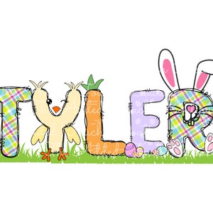 May include: The name "TYLER" is spelled out in colorful patchwork letters. A yellow chick with orange feet is in the middle of the "Y" and an orange carrot is behind the "L". A bunny with pink ears and a plaid body is behind the "R".