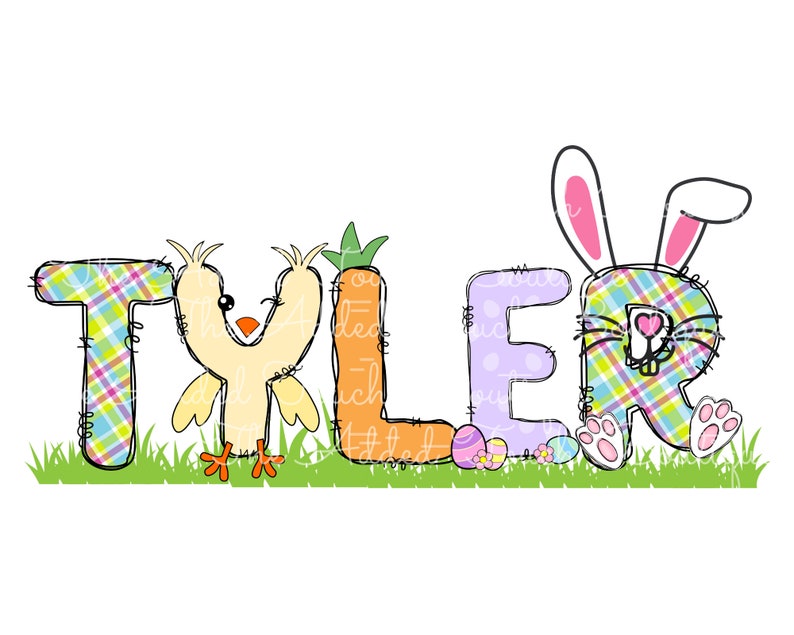 May include: The name "TYLER" is spelled out in colorful patchwork letters. A yellow chick with orange feet is in the middle of the "Y" and an orange carrot is behind the "L". A bunny with pink ears and a plaid body is behind the "R".