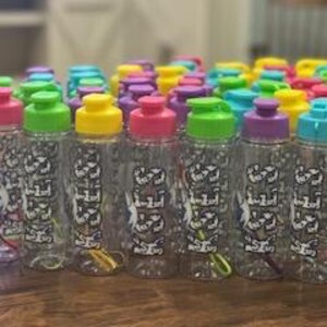 May include: A group of 24 clear plastic water bottles with colorful lids and a white design that says "SEIZE THE DAY".