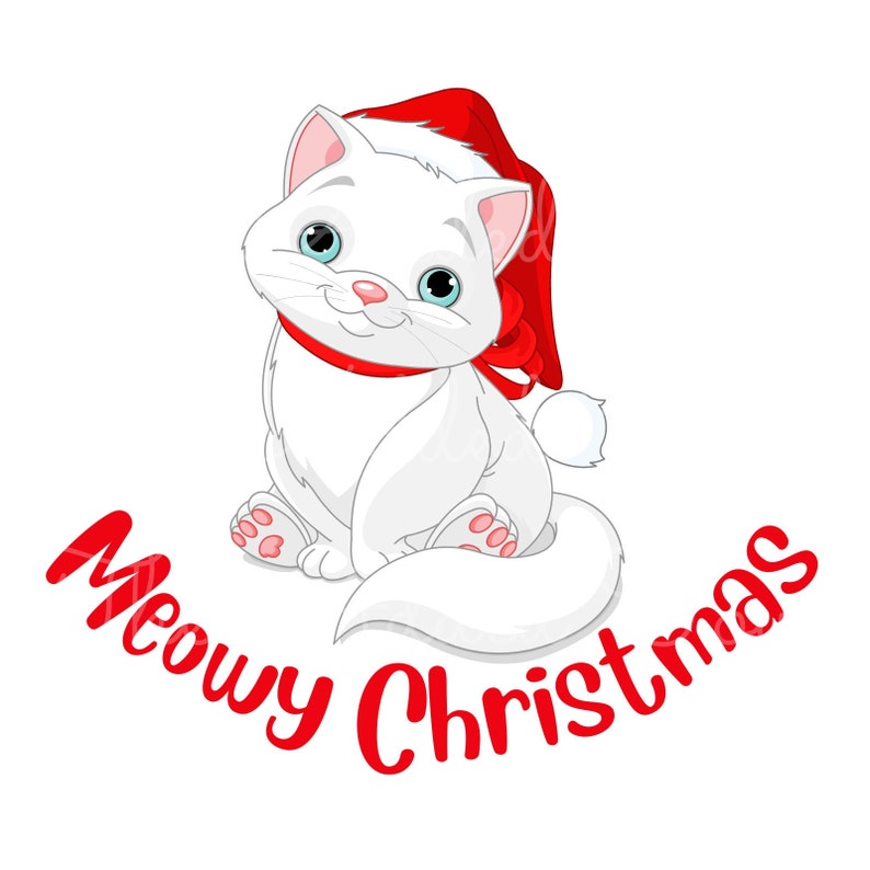 May include: A cartoon illustration of a white cat wearing a red Santa hat and a red ribbon. The cat has blue eyes and is smiling. The words "Meowy Christmas" are written in red, curved across the bottom.