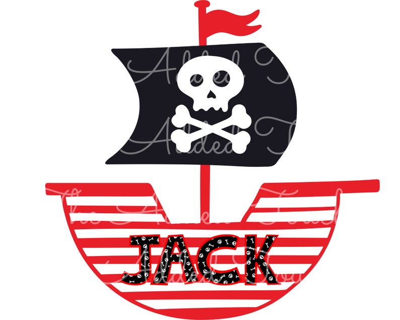 May include: Red and white striped pirate ship with a black sail and a skull and crossbones design. The name "JACK" is written in black letters on the ship.