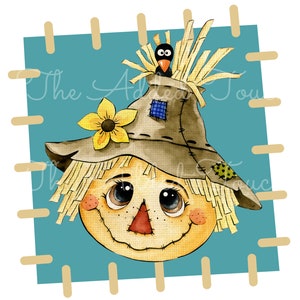 May include: A watercolor illustration of a friendly scarecrow face with a straw hat, adorned with a sunflower and a small crow. The scarecrow is set against a teal background with a stitched border, perfect for fall-themed crafts and decor.