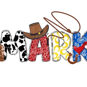 May include: The name "MARK" is spelled out in colorful letters. Each letter is decorated with a different pattern, including cowhide, red bandana, yellow horseshoes, and blue paisley. A cowboy hat and a lasso are also included in the design.