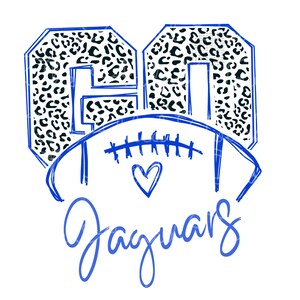 May include: A blue and white graphic design featuring the number 60 with a leopard print pattern. A football with a heart is below the number and the word "Jaguars" is written below the football.