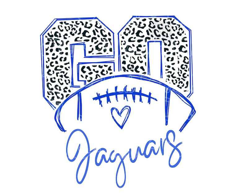 May include: A blue and white graphic design featuring the number 60 with a leopard print pattern. A football with a heart is below the number and the word "Jaguars" is written below the football.