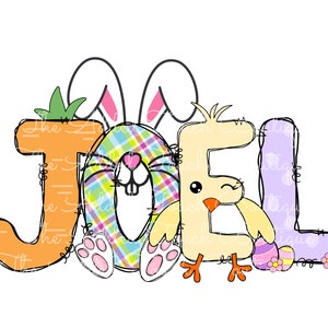 May include: A colorful Easter-themed design featuring the name "JOEL" with a bunny rabbit and a chick. The letters are outlined in black and filled with pastel colors. The bunny is wearing a plaid shirt and has pink ears. The chick is yellow with a pink beak and black eyes. The design includes Easter eggs and flowers.