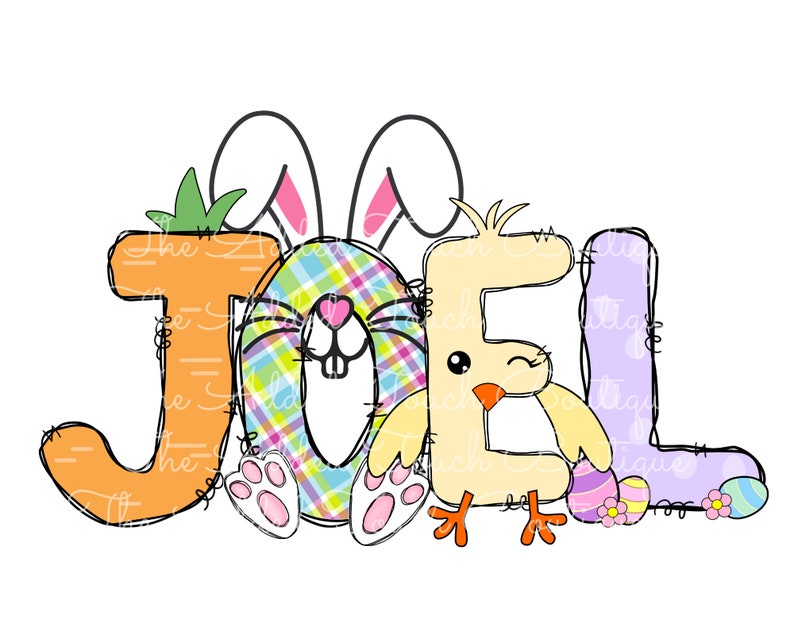 May include: A colorful Easter-themed design featuring the name "JOEL" with a bunny rabbit and a chick. The letters are outlined in black and filled with pastel colors. The bunny is wearing a plaid shirt and has pink ears. The chick is yellow with a pink beak and black eyes. The design includes Easter eggs and flowers.