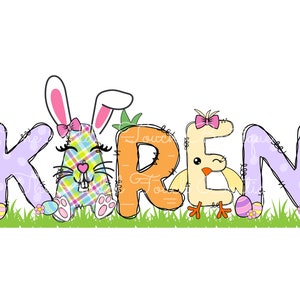 May include: A colorful Easter-themed name banner with the name "KAREN" spelled out in purple, orange, and yellow letters. Each letter is decorated with a different Easter-themed character, including a bunny, a carrot, and a chick.