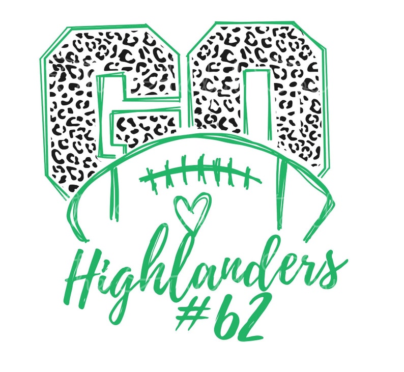 May include: Green and black leopard print football jersey with the number 60 and the text "Highlanders #62" underneath.